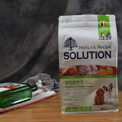 Tas Kemasan Makanan Hewan Peliharaan Anjing BRC Plastik Berdiri Kantong Tas Gusset Bawah Datar Dengan Ritsleting